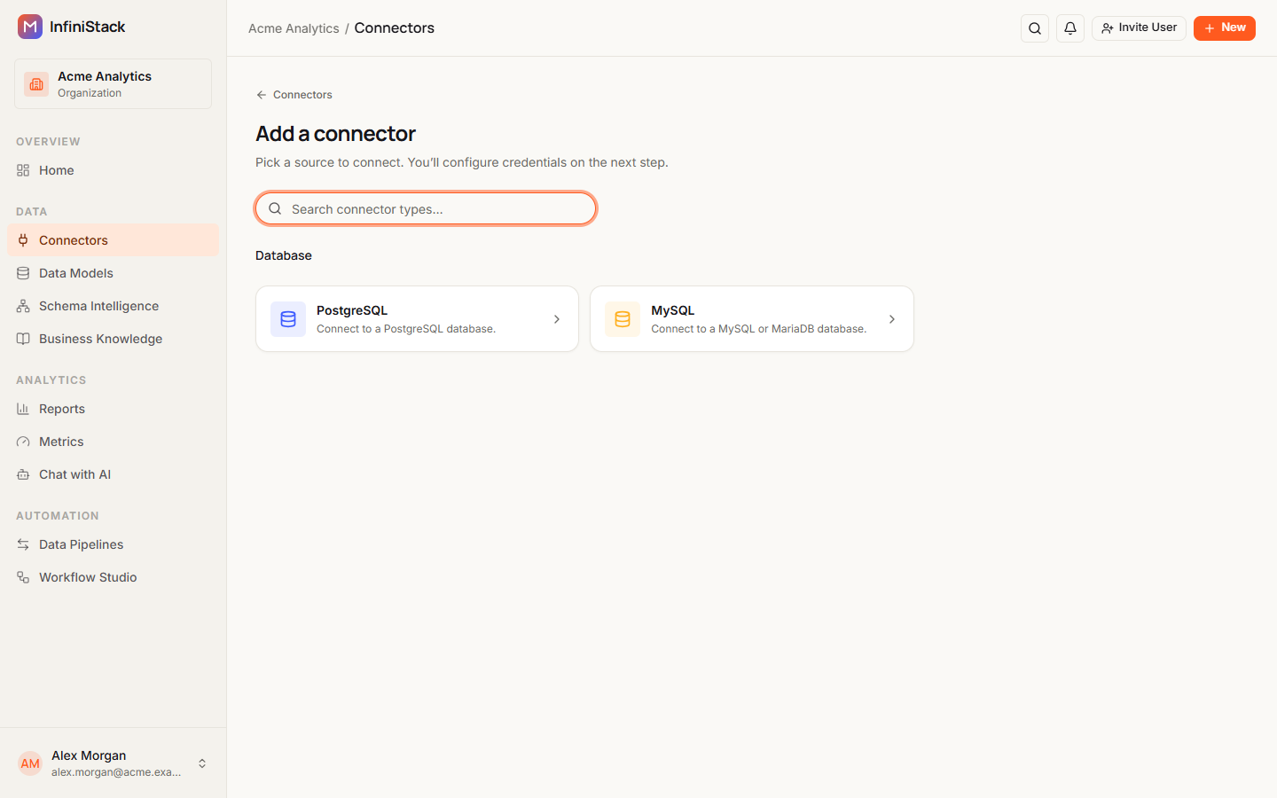 The Add a connector page with the Search connector types… box and the PostgreSQL and MySQL cards under Database