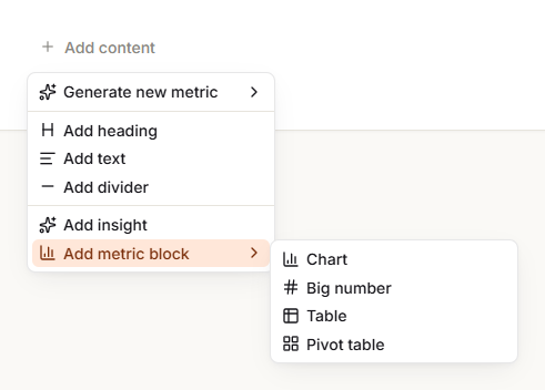The Add content menu with Generate new metric, Add heading, Add text, Add divider, Add insight and Add metric block, which is open on Chart, Big number, Table and Pivot table