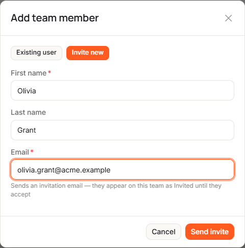 The Add team member dialog on Invite new, with First name, Last name and Email filled in, the hint that an invitation email is sent, and the Send invite button