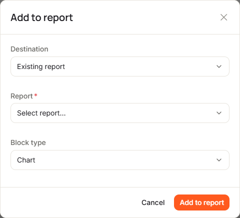 The Add to report dialog with Destination set to Existing report, Report showing Select report…, Block type set to Chart, and the Add to report button