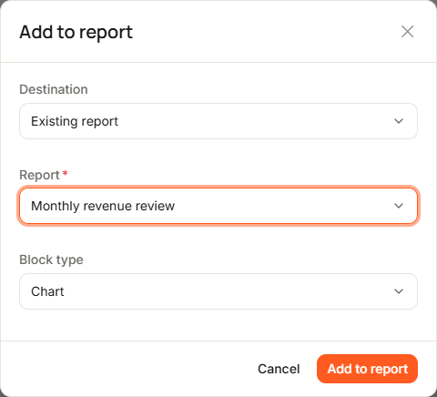 The Add to report dialog with Destination set to Existing report, Report set to Monthly revenue review and Block type set to Chart