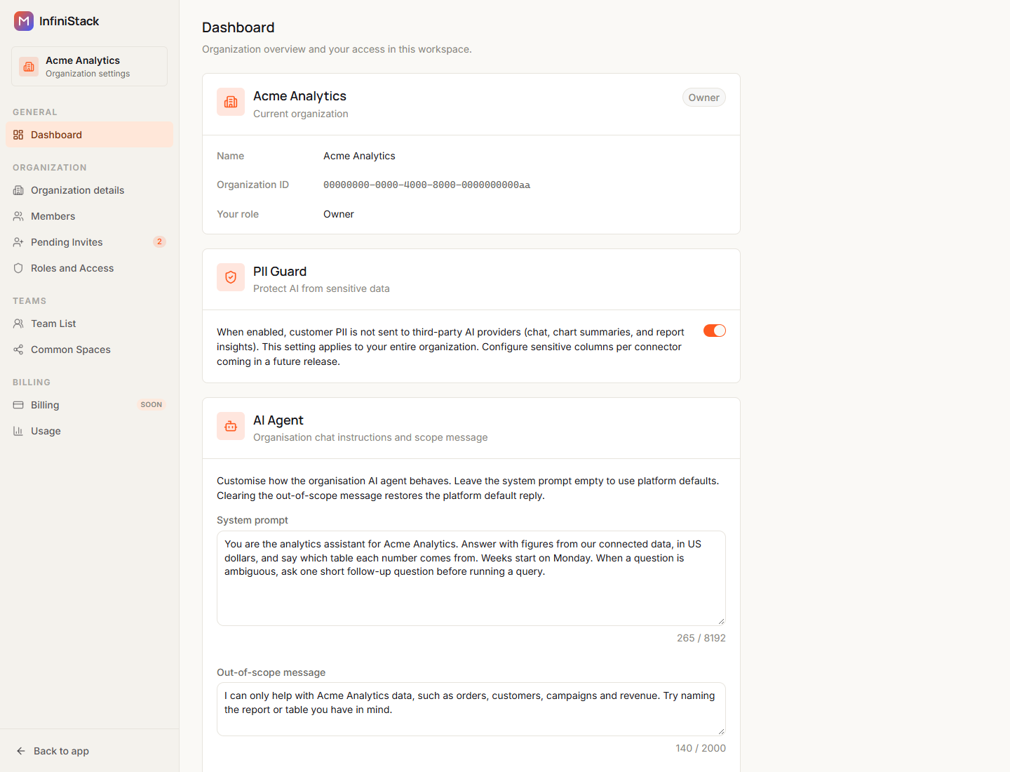 The organization settings Dashboard with the organization card showing Organization ID and Your role, followed by the PII Guard card with its switch and the AI Agent card with the System prompt and Out-of-scope message fields