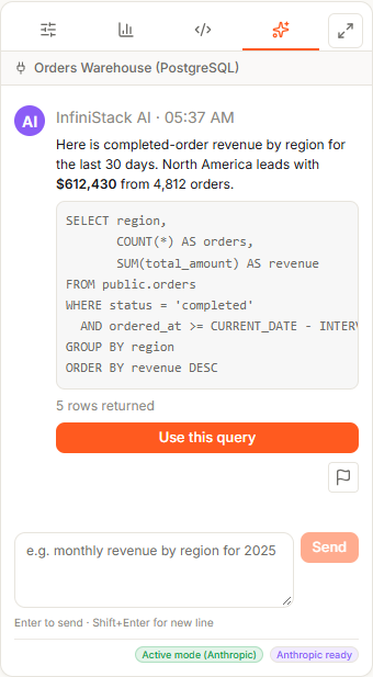 The Ask AI tab with a reply that shows the generated SQL, 5 rows returned and the Use this query button