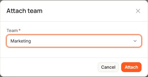 The Attach team dialog with Team set to Marketing and the Cancel and Attach buttons