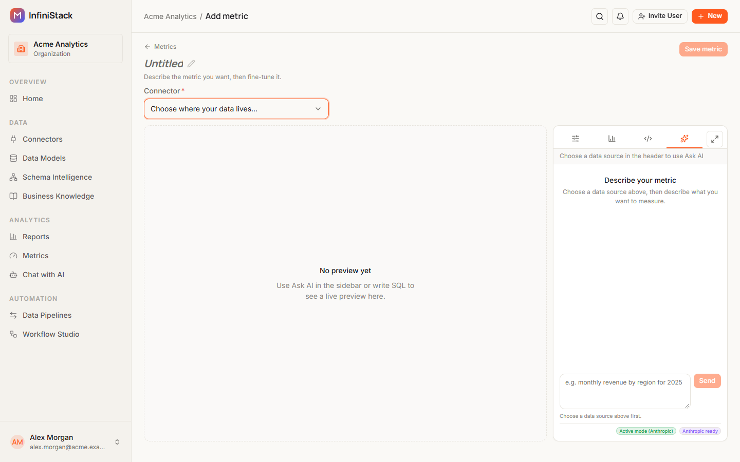 A new metric in the builder: an Untitled name, Connector showing Choose where your data lives..., No preview yet in the preview area, and Save metric unavailable