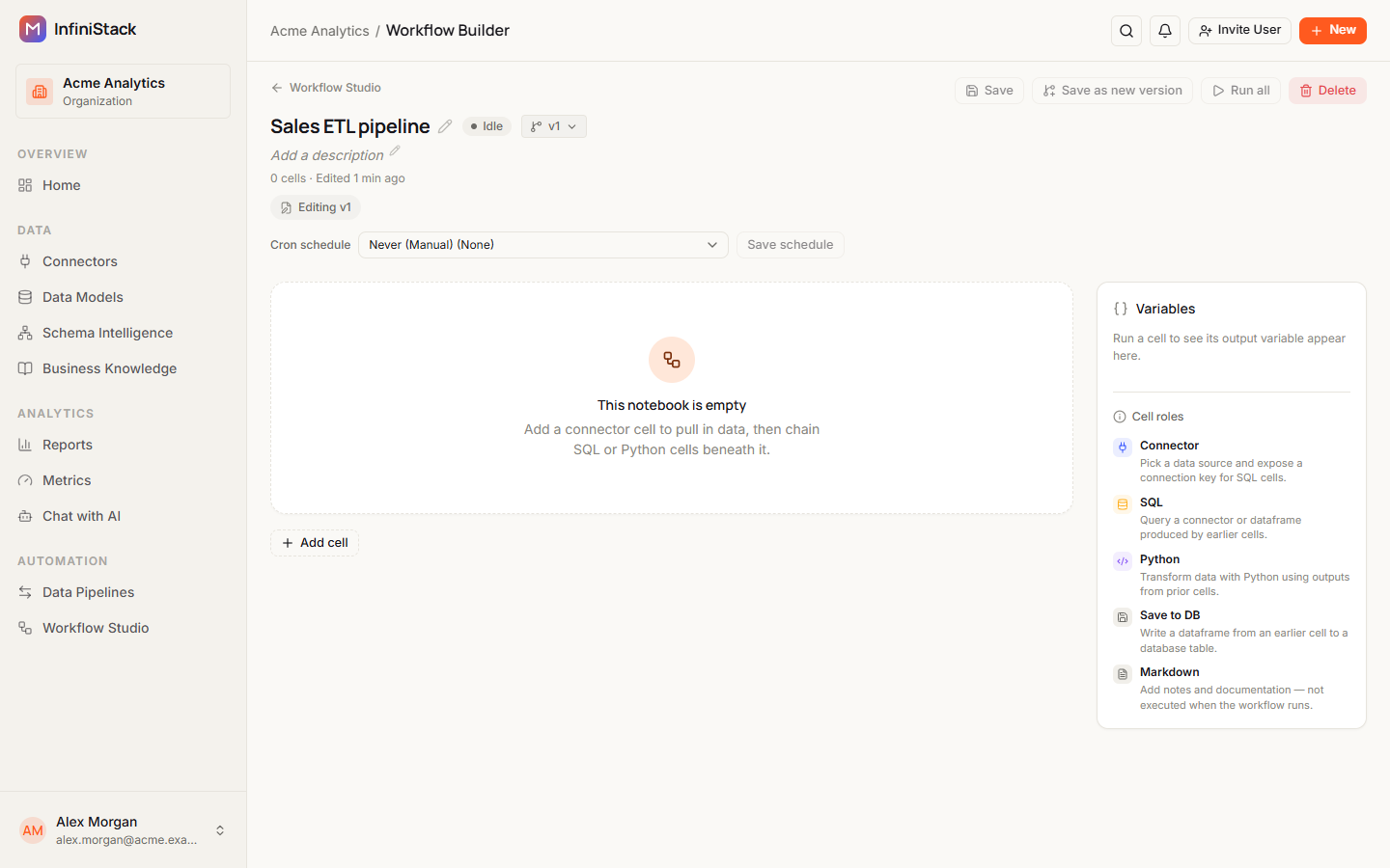 The builder for a new workflow: the name, Add a description, the Save, Save as new version, Run all and Delete buttons, Cron schedule, and an empty notebook that says This notebook is empty