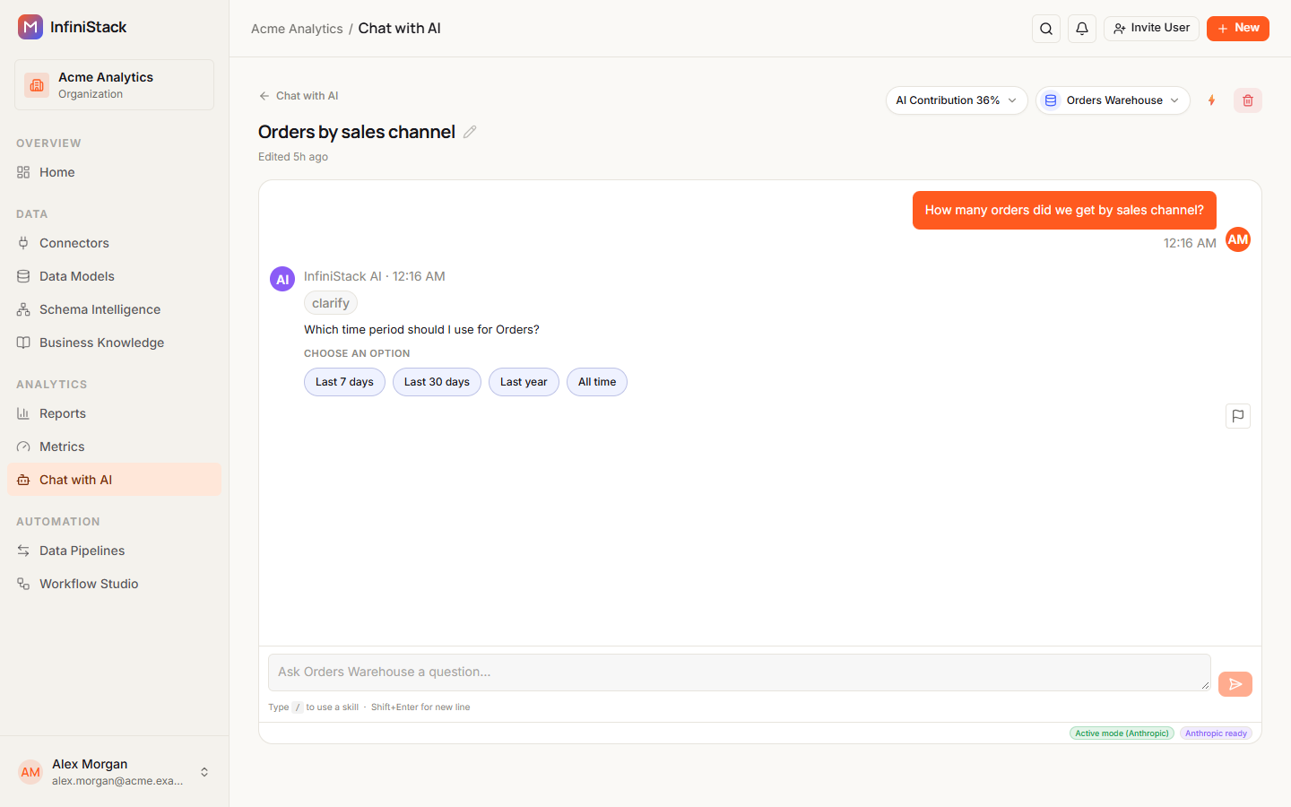 Chat asks Which time period should I use for Orders? and shows Choose an option with Last 7 days, Last 30 days, Last year and All time
