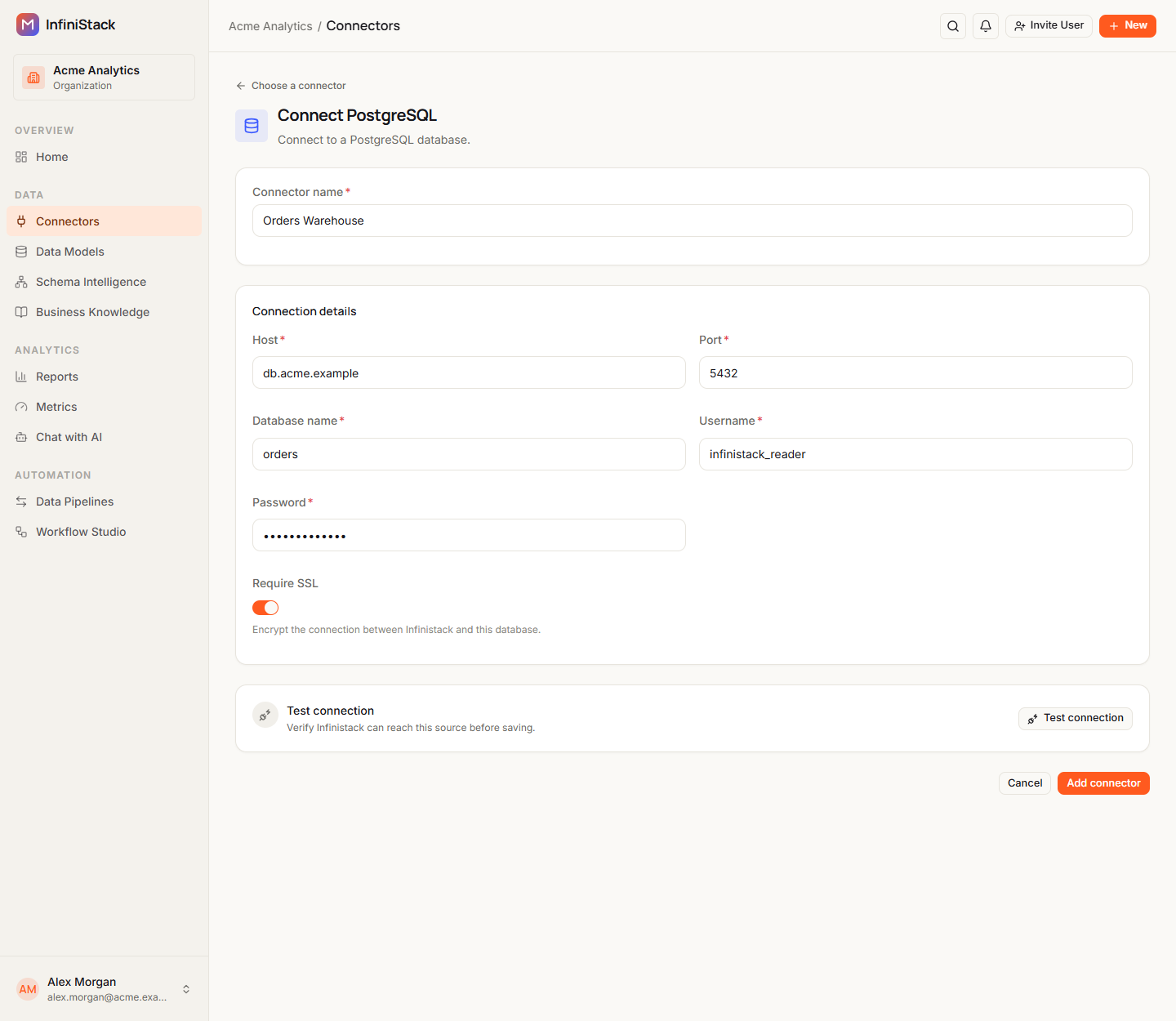 The Connect PostgreSQL page with Connector name, and Host, Port, Database name, Username, Password and Require SSL under Connection details