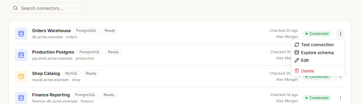 The ⋮ menu open on a connector row, with Test connection, Explore schema, Edit and Delete
