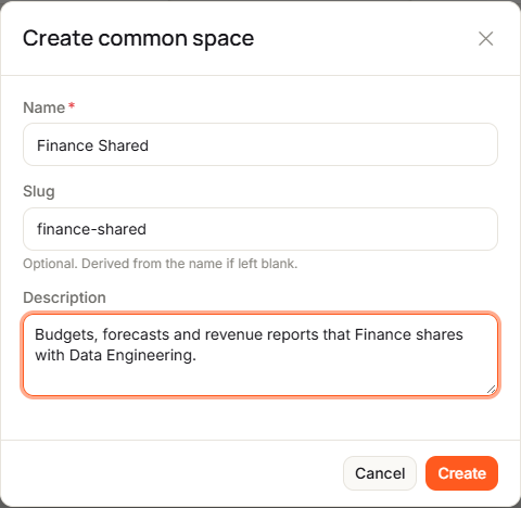 The Create common space dialog with Name set to Finance Shared, Slug set to finance-shared, a description, and the Cancel and Create buttons