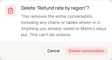 The Delete “Refund rate by region”? dialog with the Cancel and Delete conversation buttons