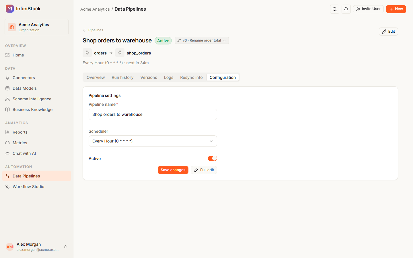 The Configuration tab of a pipeline, with Pipeline name, Scheduler, the Active switch, and the Save changes and Full edit buttons