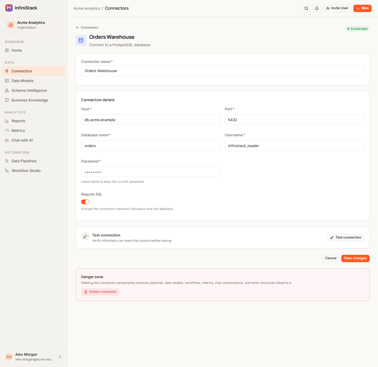 The edit page for the Orders Warehouse connector, with Leave blank to keep the current password. under Password, the Save changes button and the Danger zone with Delete connector