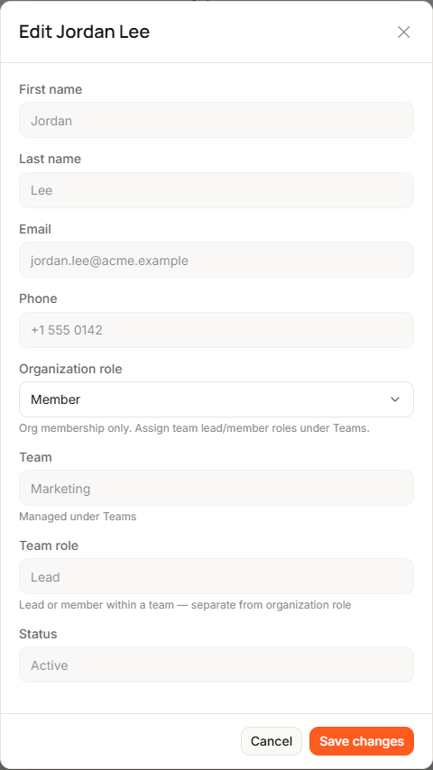 The Edit Jordan Lee dialog with read-only name, email and phone fields, the Organization role select, Team and Team role marked Managed under Teams, the Status field, and the Save changes button