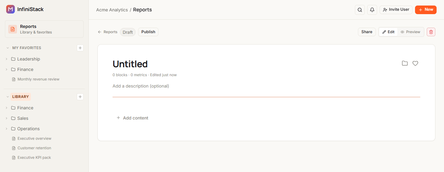 A new empty report in the builder: the Draft badge, Publish, Share, the Edit and Preview toggle, the title Untitled, Add a description (optional) and Add content