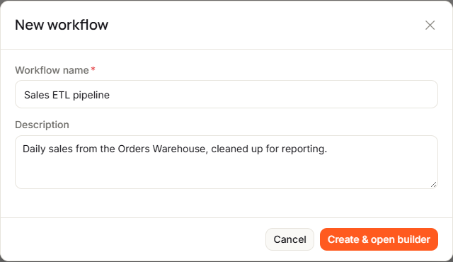The New workflow dialog with Workflow name and Description filled in, and the Cancel and Create & open builder buttons