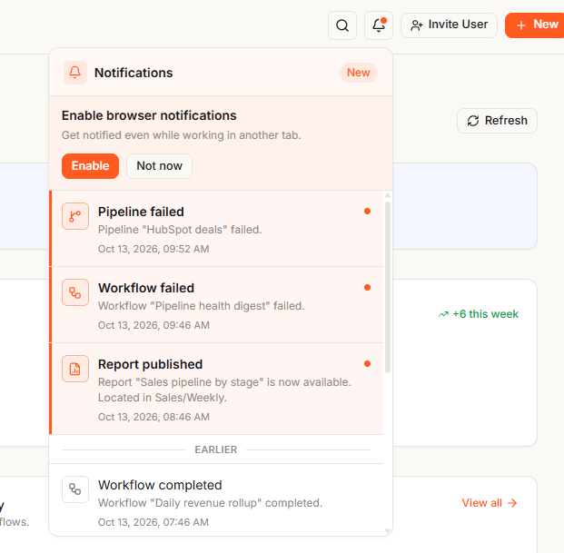 The Notifications panel open below the bell in the InfiniStack top bar, with unread Pipeline failed, Workflow failed, and Report published notifications at the top and an older Workflow completed notification under Earlier