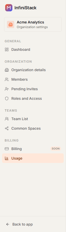 The organization settings sidebar with Usage selected under Billing, Billing marked Soon, and Back to app at the bottom