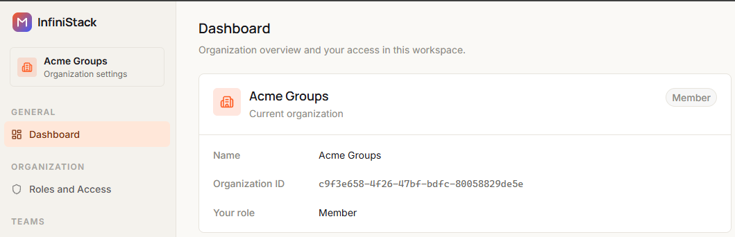 The Organization page in InfiniStack. The Dashboard shows the current organization, with your role in the badge and in the Your role row
