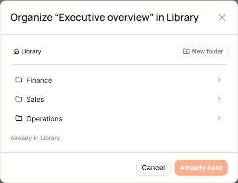 The Organize “Executive overview” in Library dialog at the top of the Library, listing the Finance, Sales and Operations folders, with New folder and the Already here button for a report that is already at the top