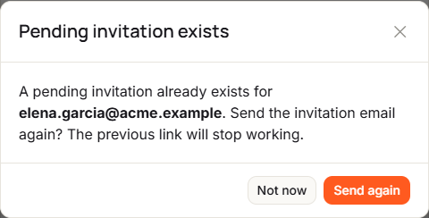 The Pending invitation exists dialog asking whether to send the invitation email again, with the Not now and Send again buttons