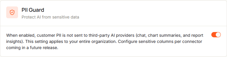 The PII Guard card with the subtitle Protect AI from sensitive data, its description, and the switch turned on