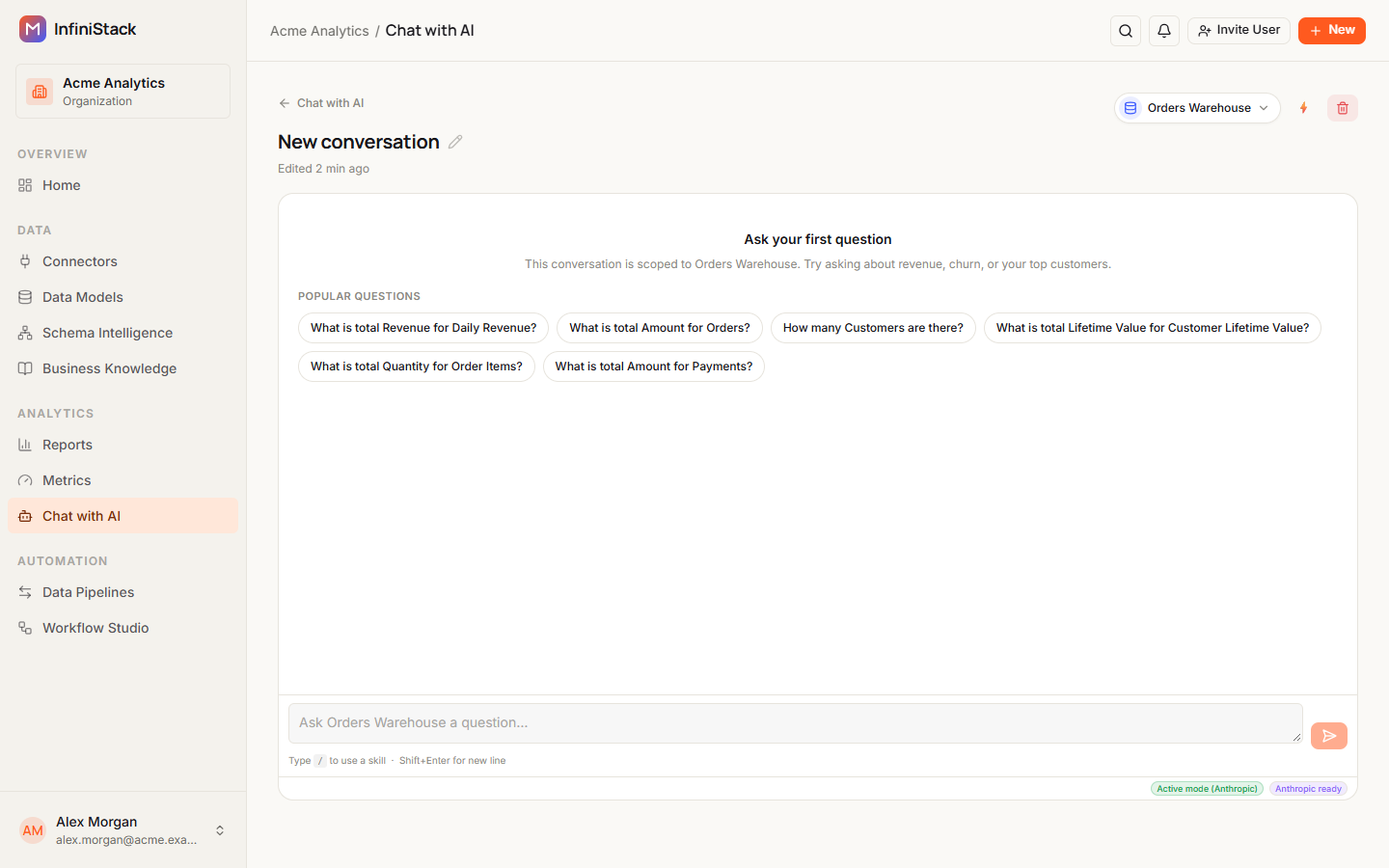 A new Chat conversation on Orders Warehouse with Popular Questions such as What is total Amount for Orders? and How many Customers are there?