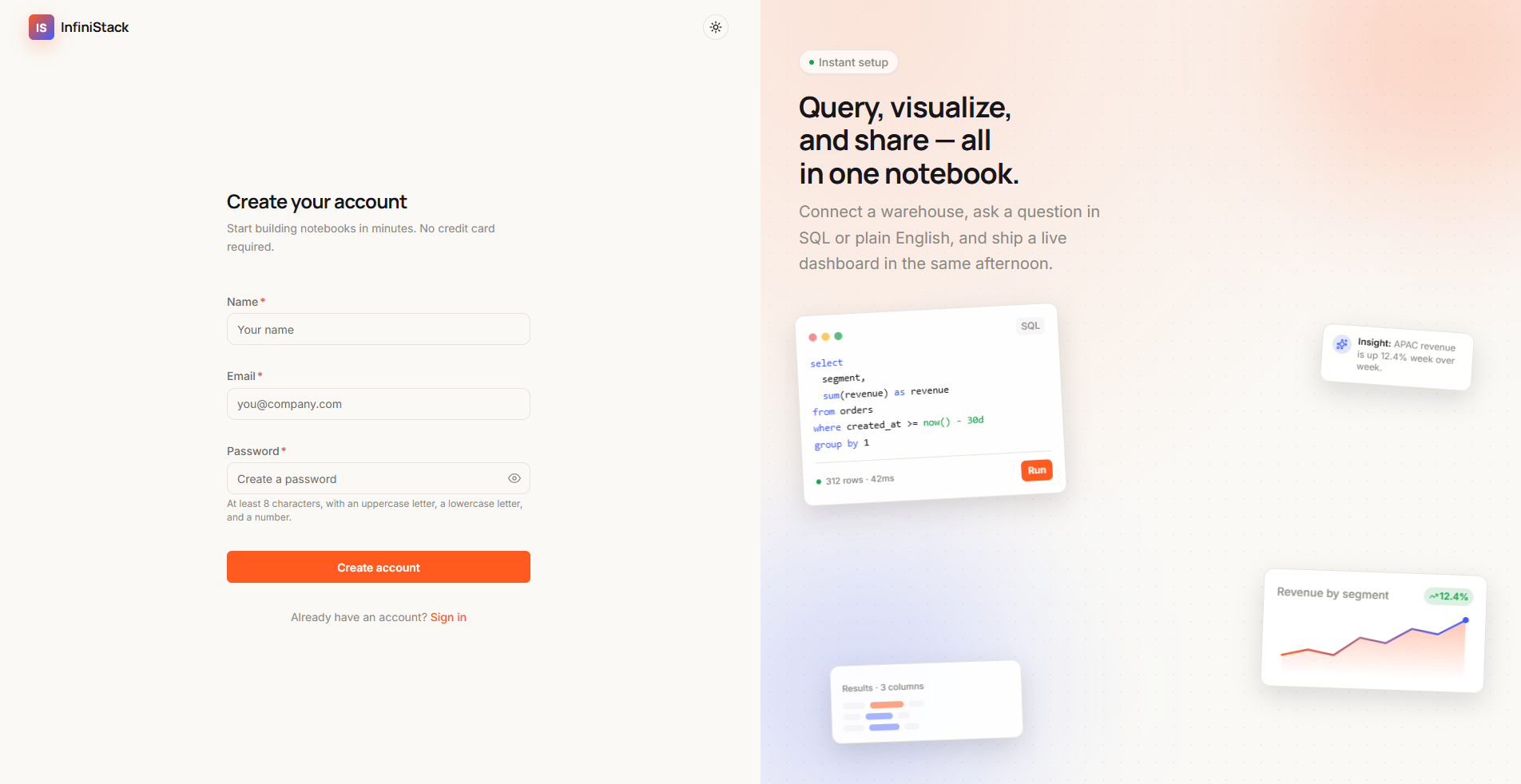 The Create your account page in InfiniStack, with Name, Email, and Password fields, the password rules under the Password field, and the Create account button