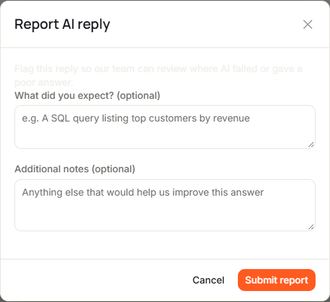 The Report AI reply dialog with the What did you expect? (optional) and Additional notes (optional) fields and the Submit report button