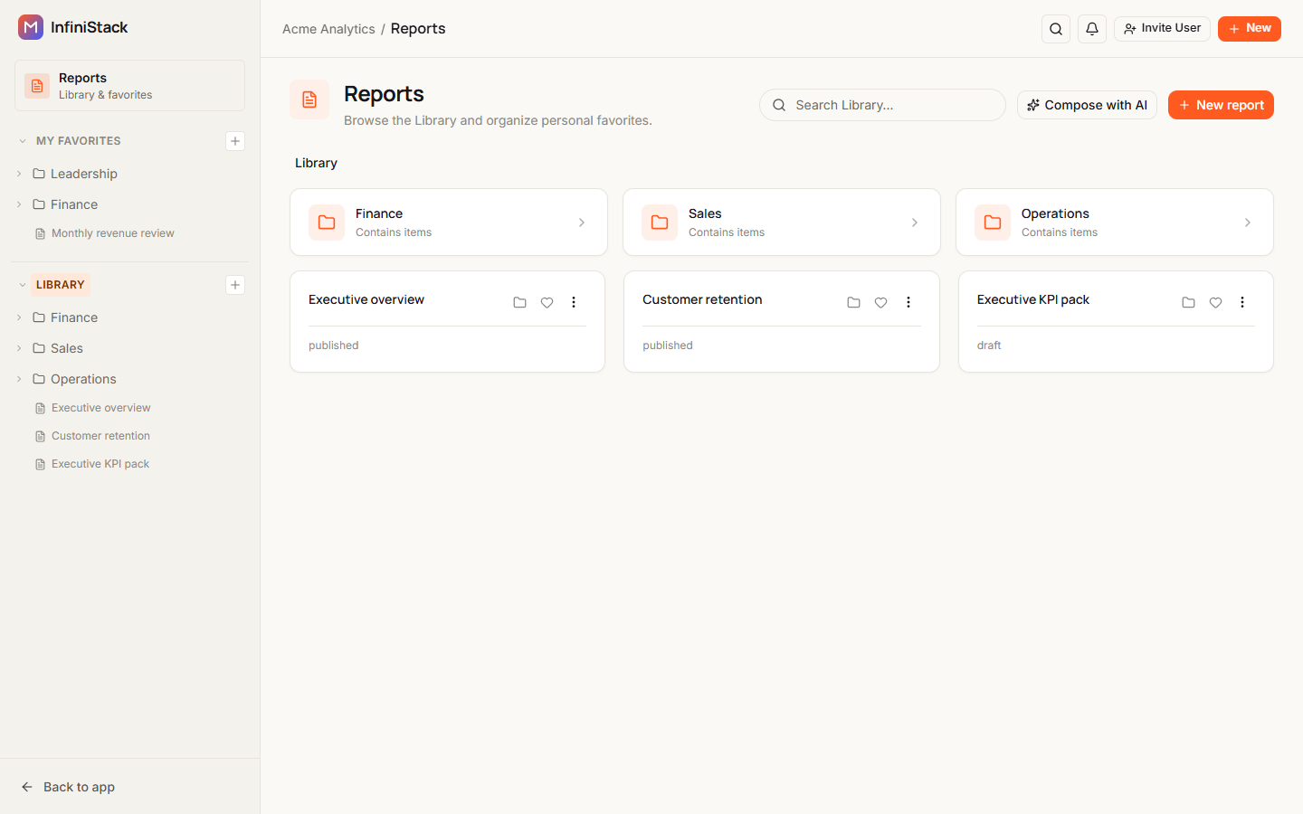 The Reports page with My Favorites and Library in the left rail, the Library breadcrumb, the Search Library… box, folder cards for Finance, Sales and Operations, and report cards below them