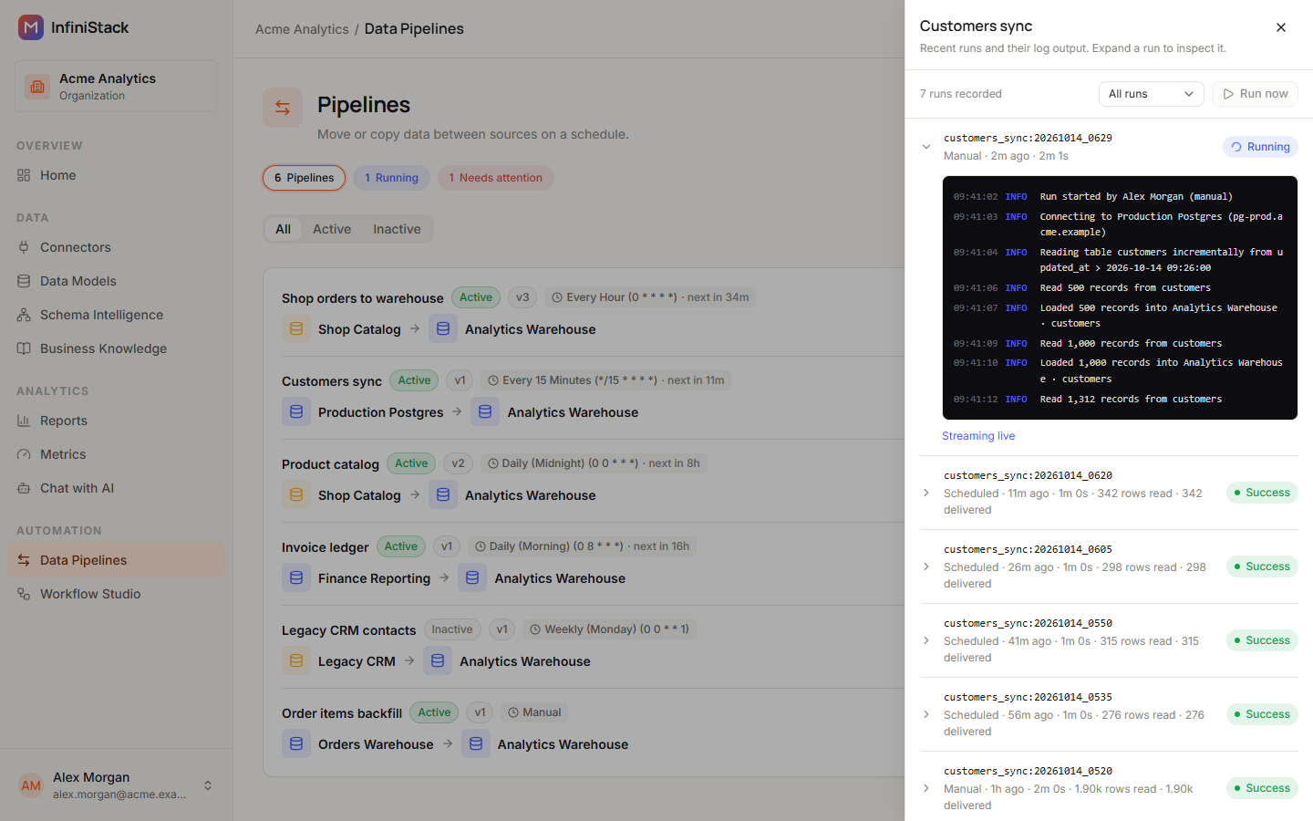 The run history panel for a pipeline, with the run filter, a list of runs with their trigger, duration, rows and status, and one run expanded to show its live log