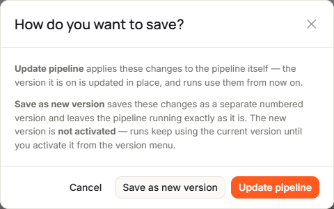 The How do you want to save dialog, with the Cancel, Save as new version and Update pipeline buttons