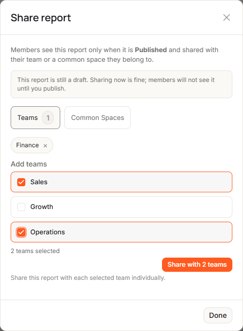 The Share report dialog for a draft report: the draft note, the Teams tab with a Finance chip, Sales and Operations selected under Add teams, and Share with 2 teams