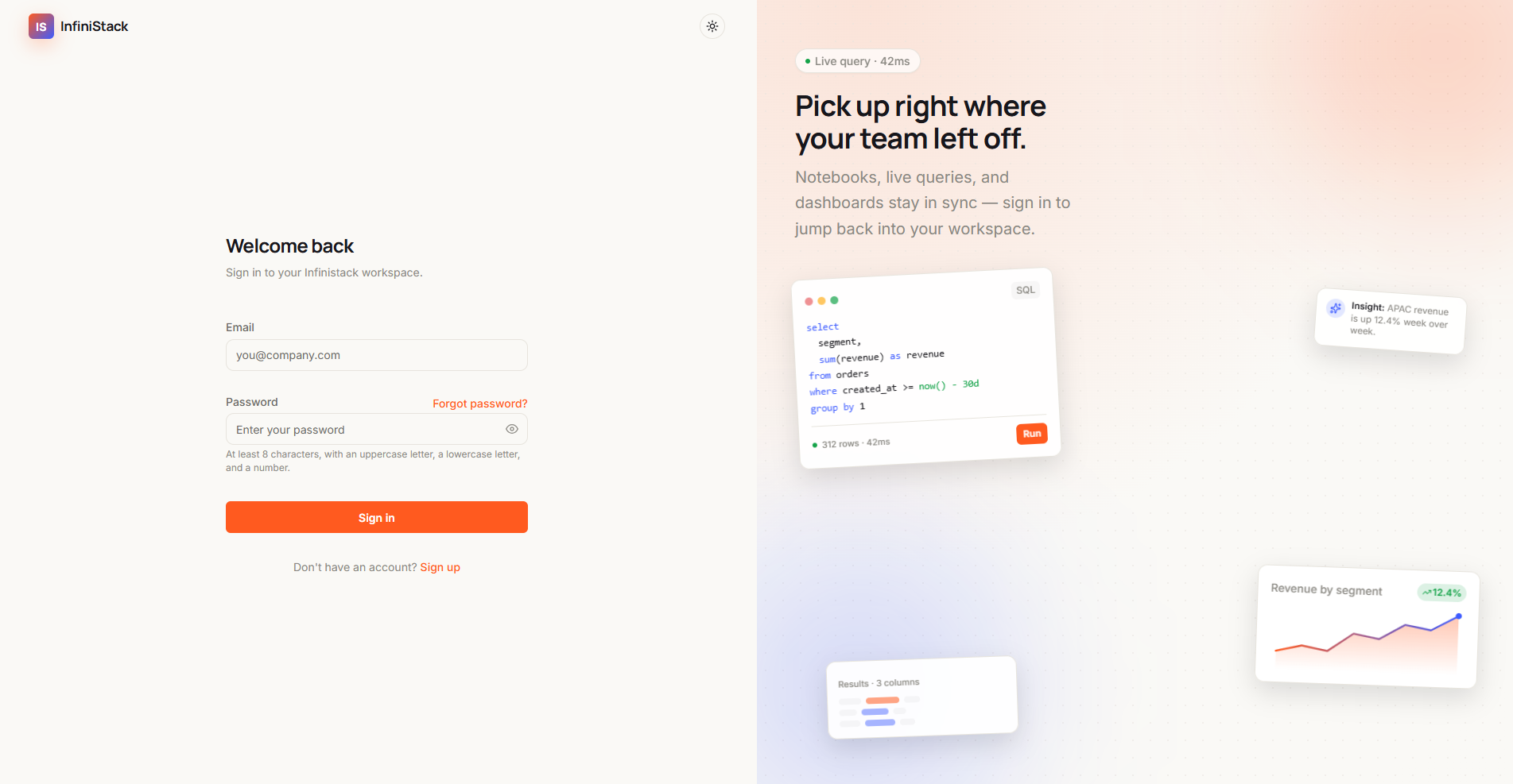 The InfiniStack sign-in page, titled Welcome back, with the Sign up link below the Sign in button