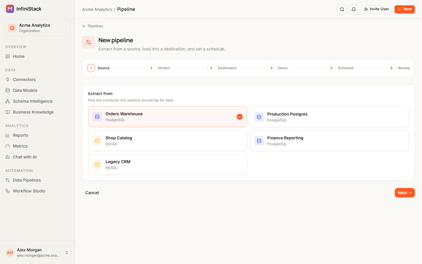 The New pipeline wizard on its first step, Extract from, with the step indicator across the top and connector cards to choose from